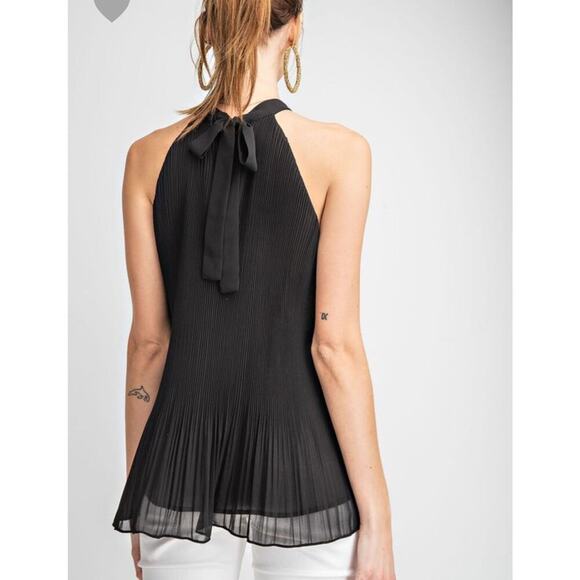 Easel Pleated Halter Top Small Black Sleeveless Tie Neck Detail - Picture 2 of 11